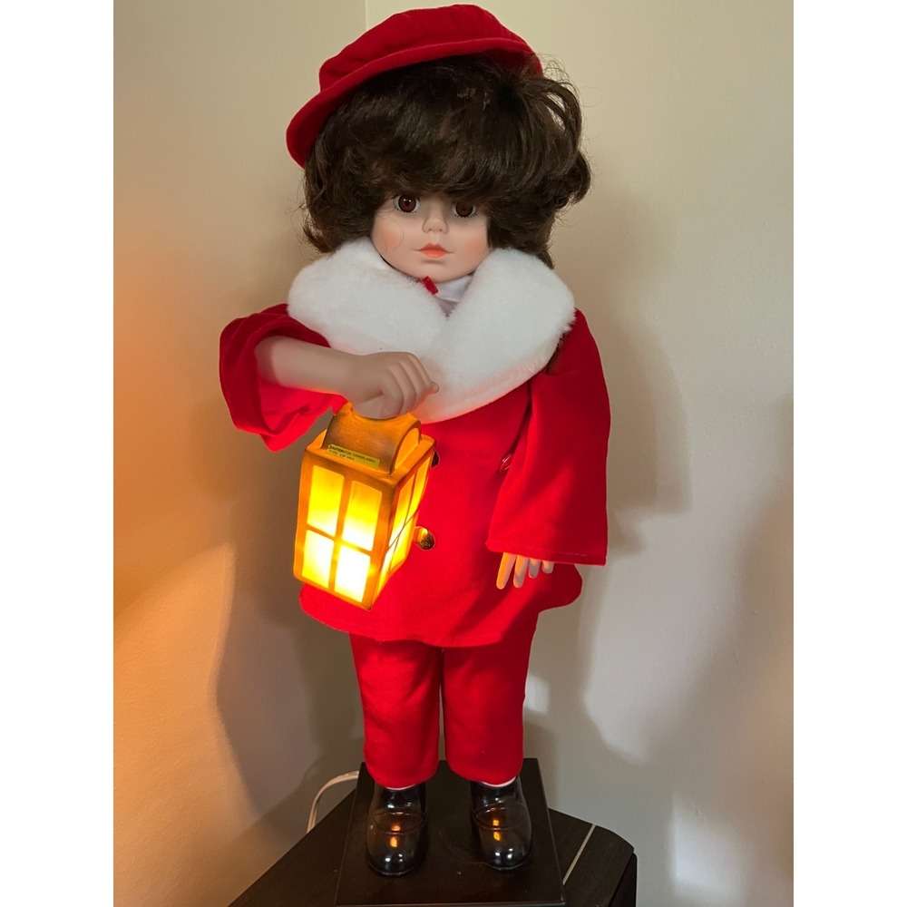 Vintage Animated 25" Christmas Caroler with Lit Lantern Figure Red Japan 1960s